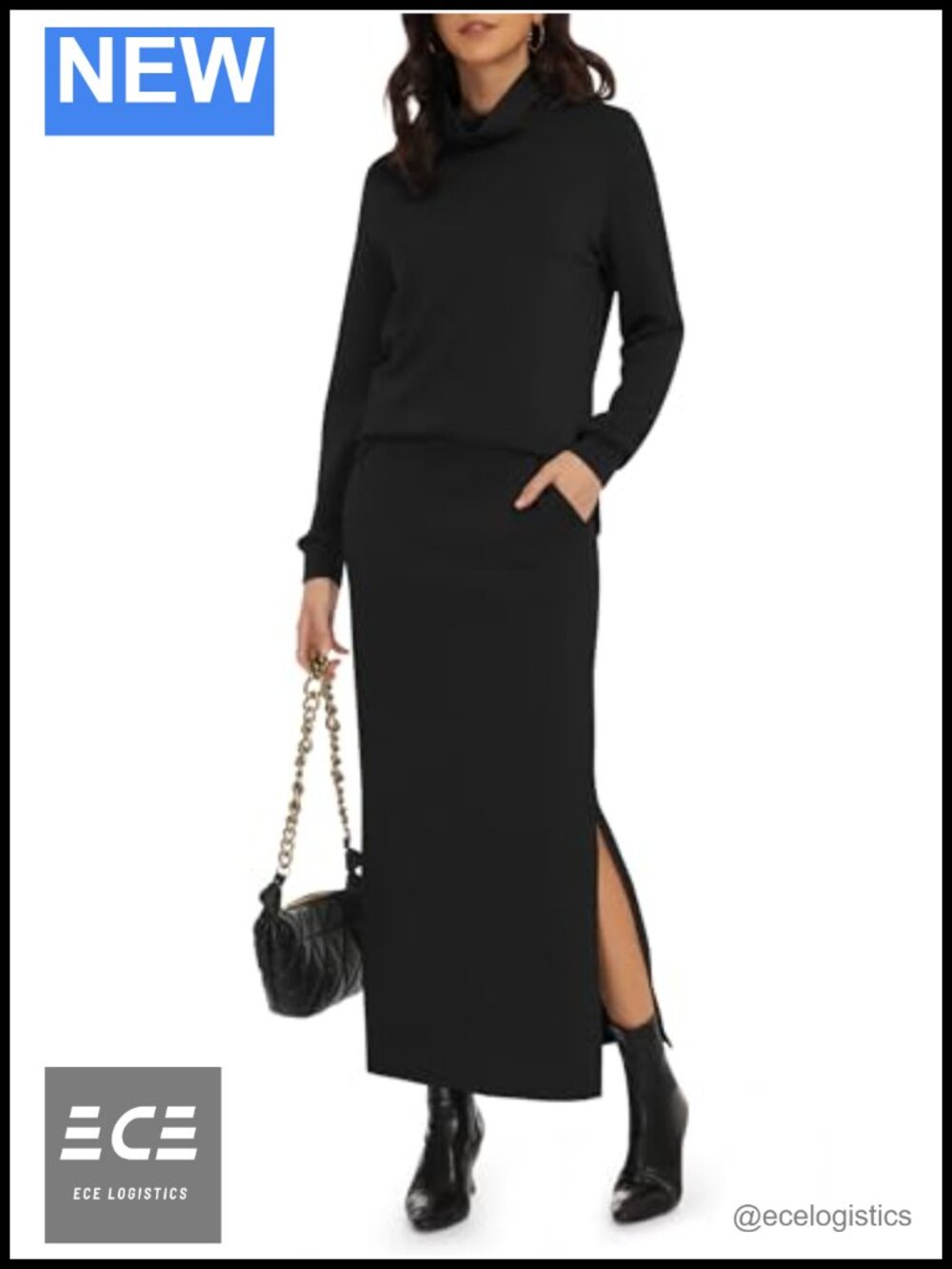 Two Piece Skirt Set Turtleneck Long Sleeve Maxi Skirt with Slit and Pockets